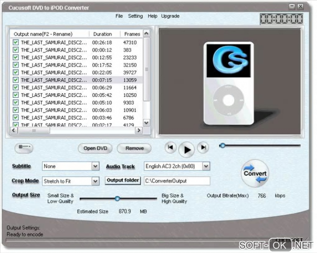 Screenshot №1 "Cucusoft DVD to iPod Converter"