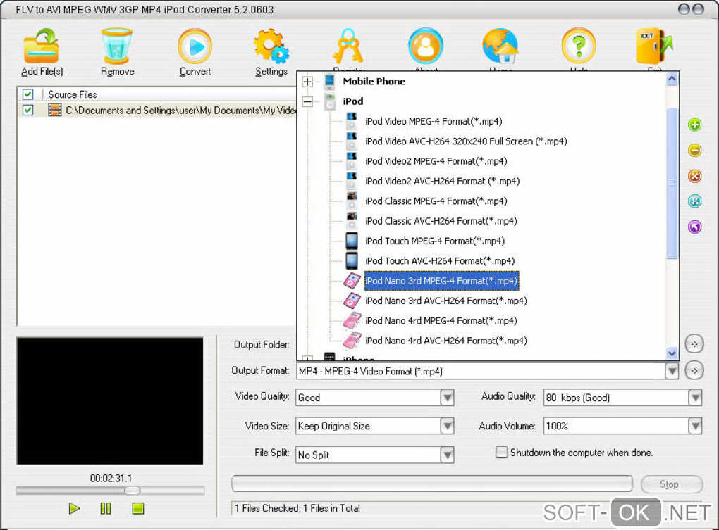 Screenshot №2 "FLV to AVI MPEG WMV 3GP MP4 iPod Converter"