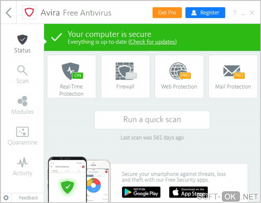 The appearance "Avira Free Antivirus"