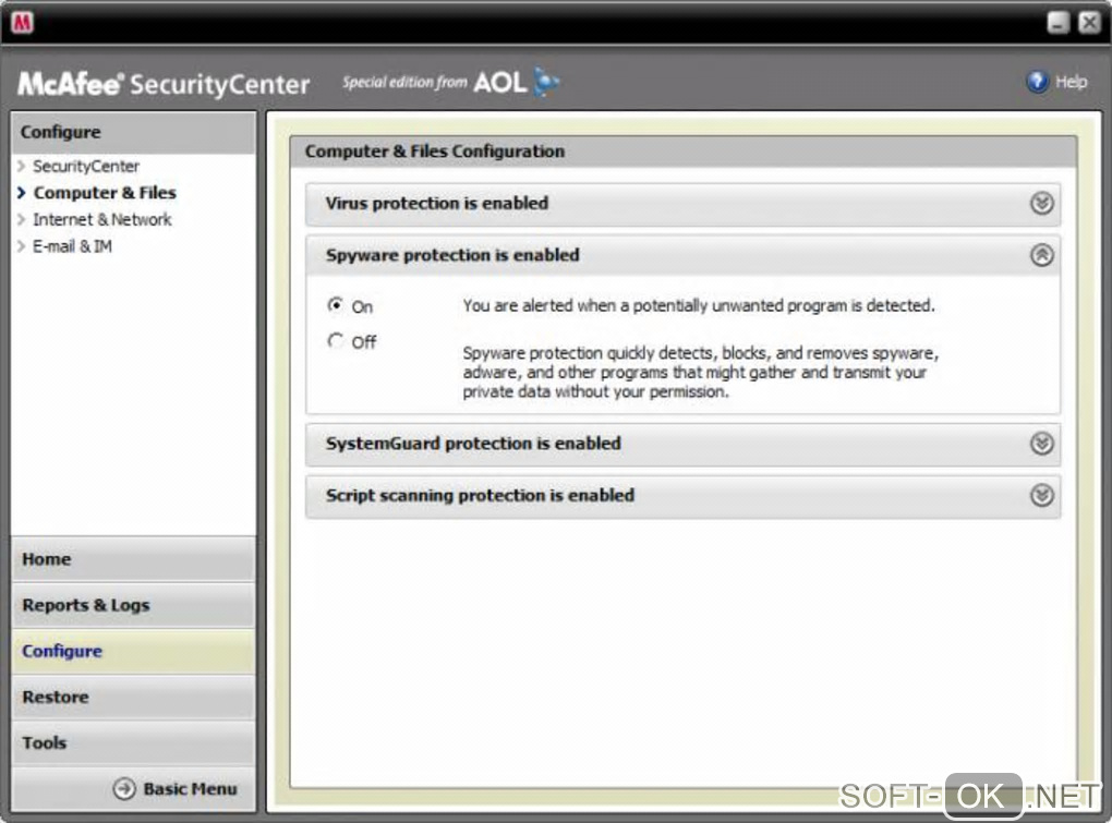 The appearance "McAfee VirusScan Plus AOL Edition"
