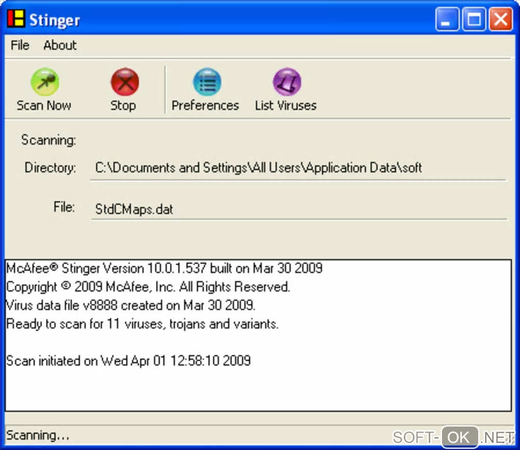 The appearance "McAfee W32/Conficker Stinger"