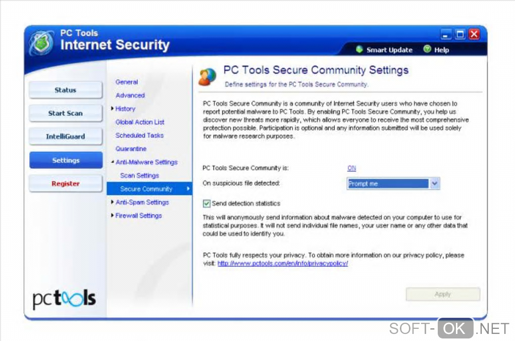 The appearance "PC Tools Internet Security"