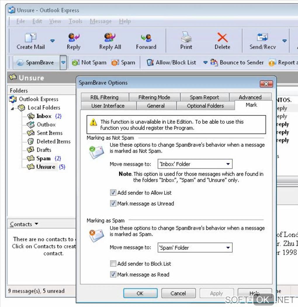 The appearance "SpamBrave Lite for Outlook Express"