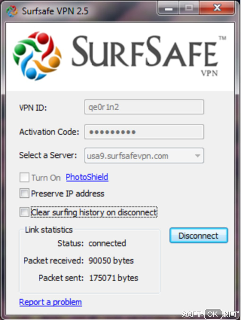 The appearance "SurfSafeVPN Free Trial"