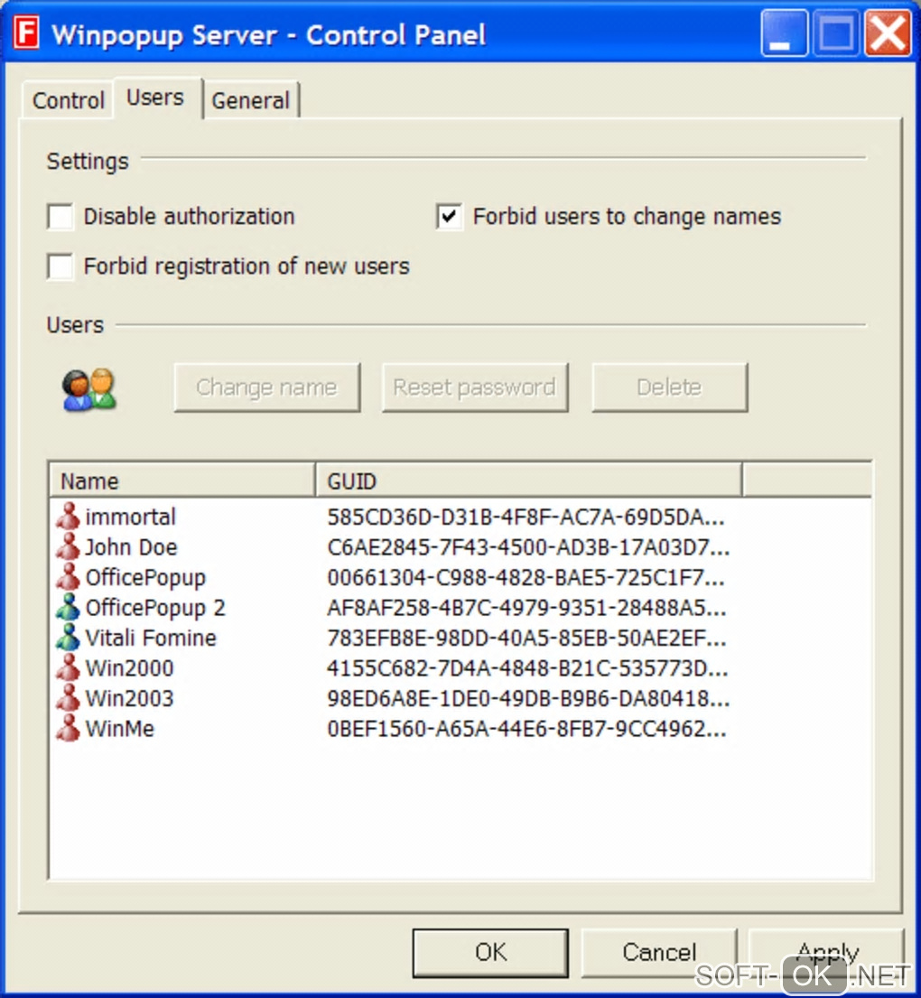 The appearance "Winpopup Server"