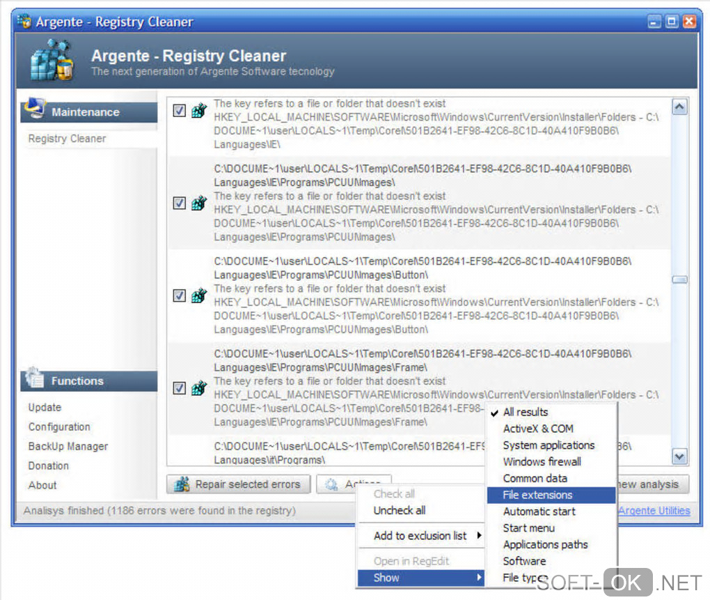 Screenshot №2 "Argente Registry Cleaner"