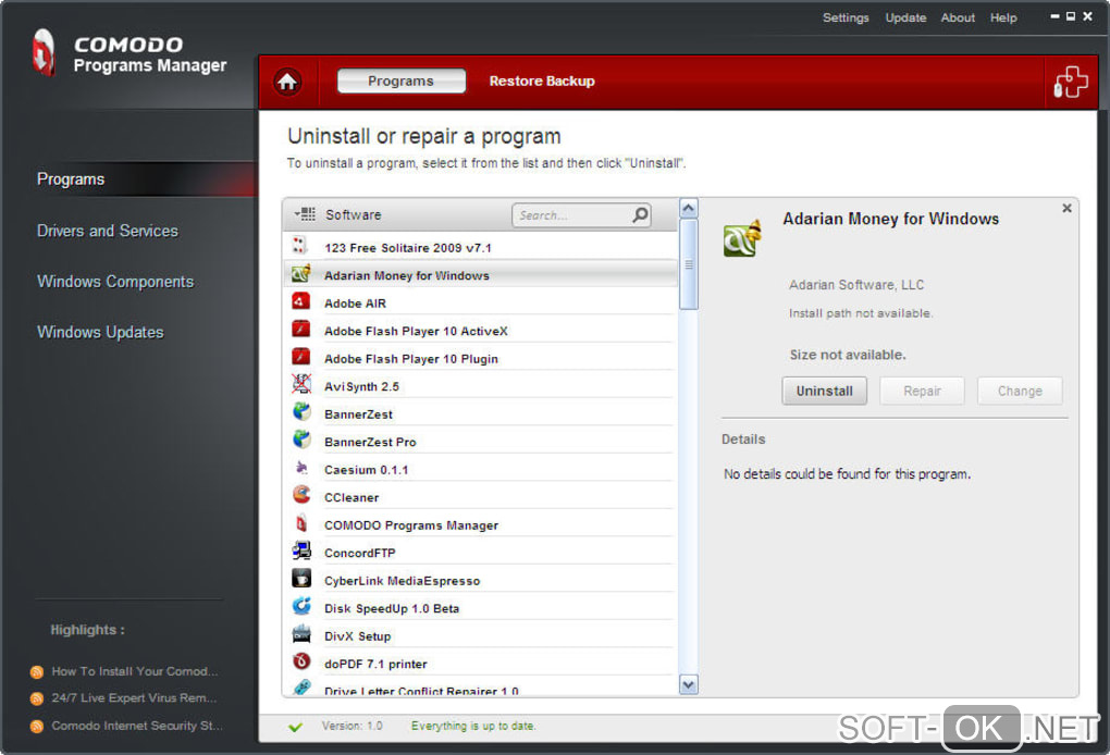 The appearance "Comodo Programs Manager"