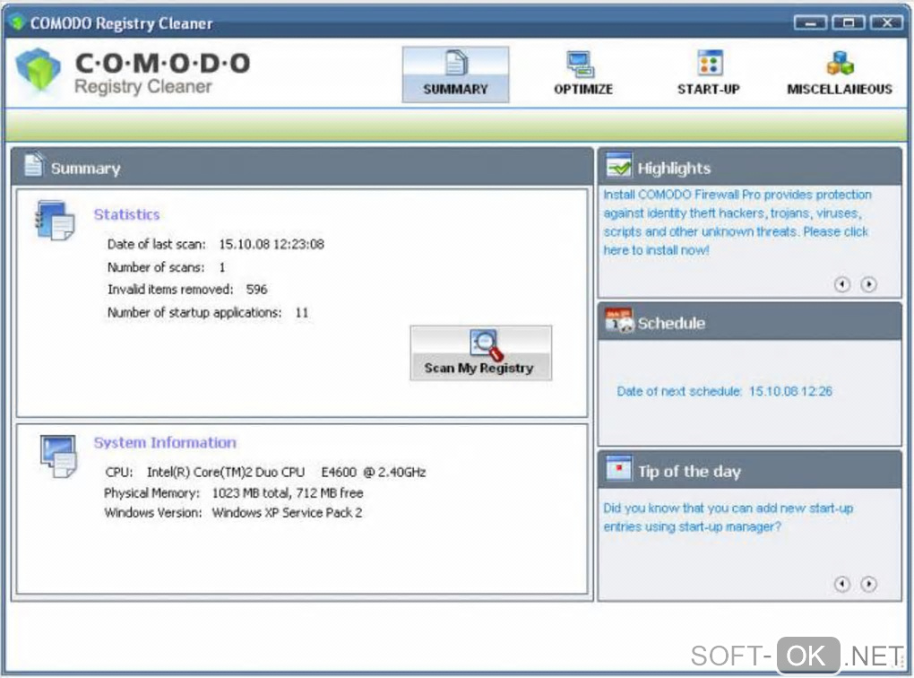 The appearance "Comodo Registry Cleaner"