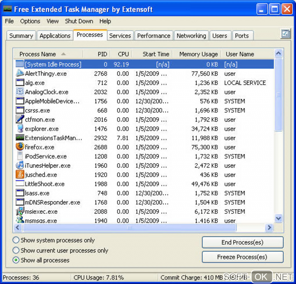 The appearance "Free Extended Task Manager"