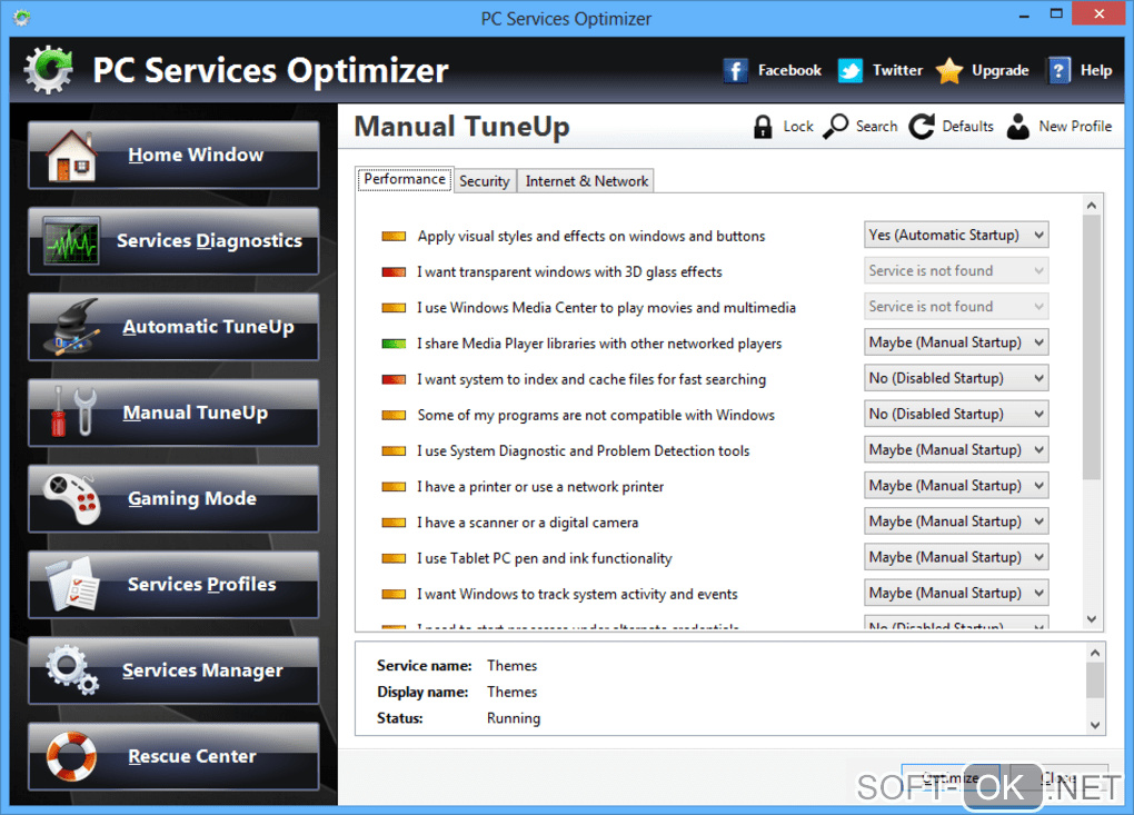 The appearance "PC Services Optimizer"