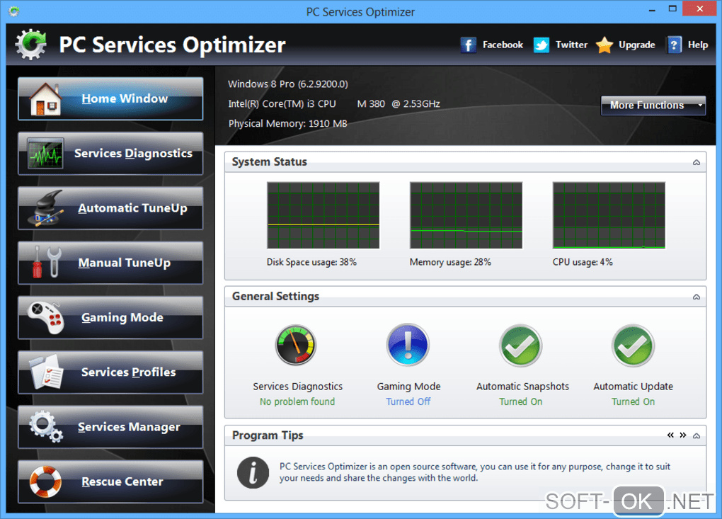 The appearance "PC Services Optimizer"