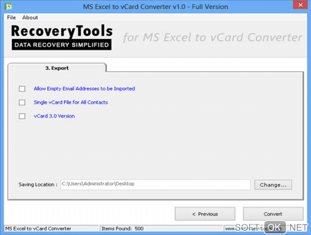 Screenshot №1 "RecoveryTools Excel to vCard Converter"