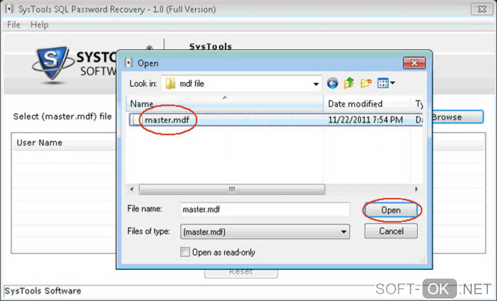 The appearance "SQL Password Recovery Free Tool"