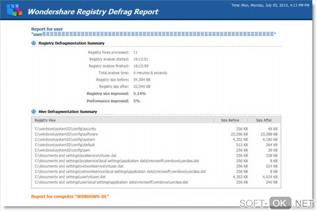 Screenshot №1 "Wondershare Registry Defrag"